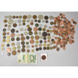 A Wooden Box Containing Various British and Foreign Coins and a Pound Note