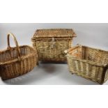 A Wicker Fishing Creel, Wicker Shopping Basket and Rectangular Trug