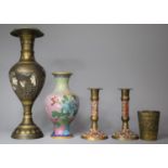 A Collection of Brass and Enamel Wares to Include Two Vases, Beaker and Pair of Candlesticks