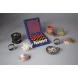 A Tray of Curios to Include Travelling Chess Set, Shells Ashtray, Napkin Ring, Coral, Eskimo Boot