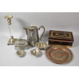 A Collection of Silver Plate and Metalwares to Include Hot Water Jug, Candle Stick, Pierced Dish,