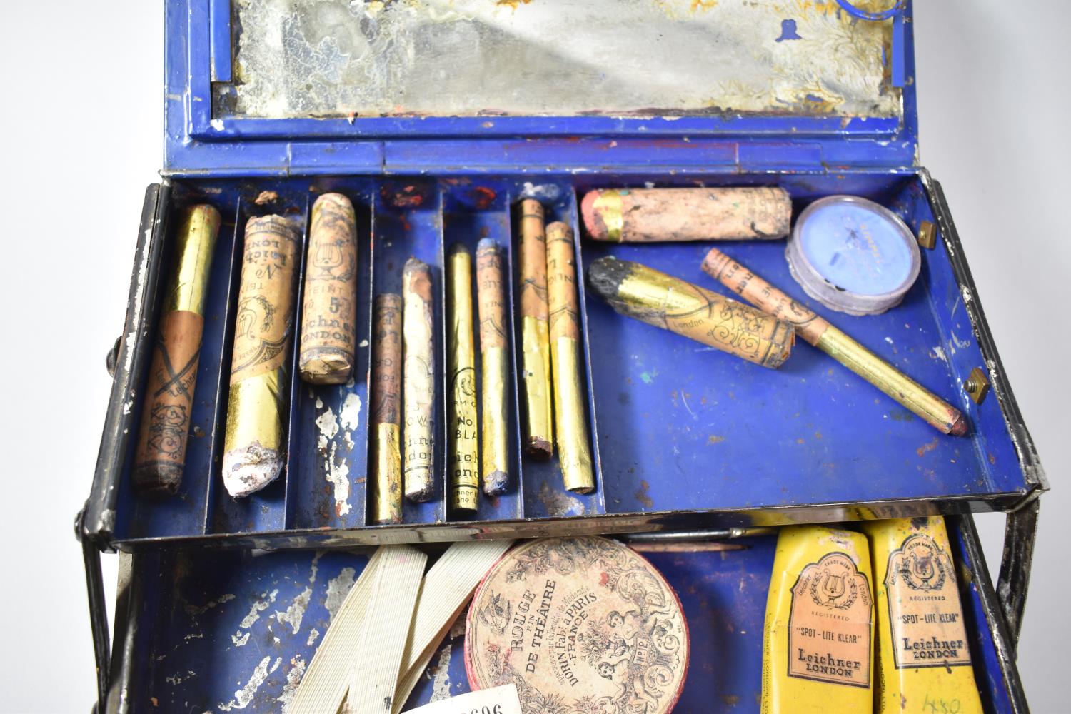 A Vintage Metal Cantilevered Actors Makeup Box with Stage Makeup, Powders, Plus Typewritten Guide - Image 3 of 3