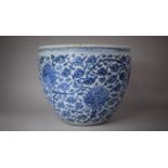 A Large Chinese Qing Dynasty Blue and White Fishbowl Decorated with Chrysanthemums, 37.cm Diameter