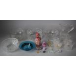 A Collection of Glassware to Include Cut Glass Bowls, Jugs, Coloured Glass Paperweights, Blue