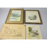 A Collection of Two Framed and One Unframed Watercolours Together with a Pencil and Ink Sketch of