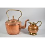 A Copper Kettle with Acorn Finial Together with a Copper Jug