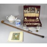 A Collection of Sundries to Include Walking Stick, Tankard, Teapot, Egg Coddlers, Christmas