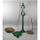 A Set of Green Painted Cast Metal Shop Scales with Copper and Brass Pans, Missing Brass Balance Arm,