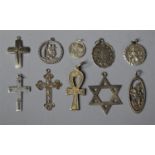 A Collection of Silver Pendants to Include Crucifix, St.Christopher, Ten in Total