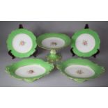 A Green Bordered, Gilt and Hand Painted Fruit Set to Comprise Tazza, Serving Dishes and Plates