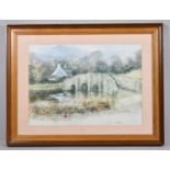 A Framed Mike Knight Print Depicting River Bridge with Poppies in Foreground