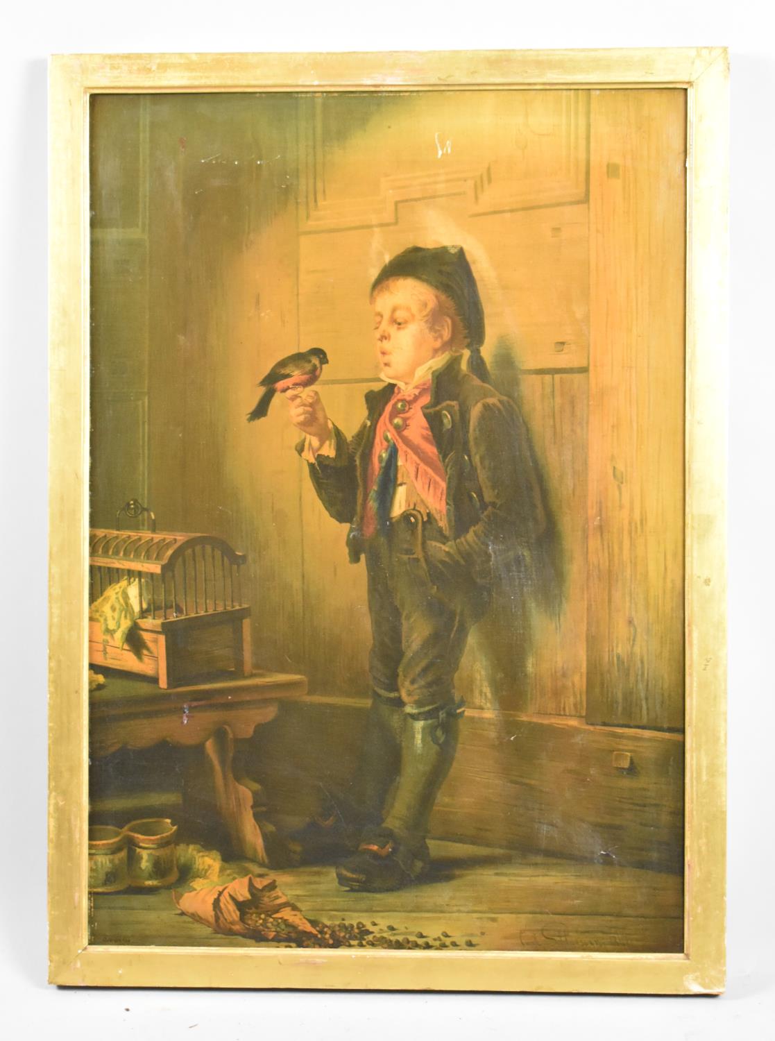 A Framed Victorian Print Depicting Street Urchin Whistling at Bird, 48cm wide
