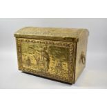 A Mid 20th Century Dome Topped Brass Coal Box Decorated in Relief with Galleons, 40cm wide