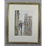 A Framed Keith Noble Watercolor, Umbrellas, Catte Street, Oxford, 35cm high