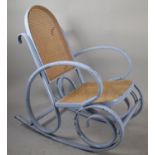 A Blue Painted Cane Seated Bentwood Rocking Chair