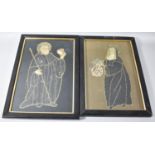 A Pair of 19th Century Continental Embroideries Depicting Monk and Nun Holding Hearts, 41.5cm high