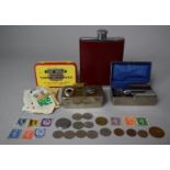 A Collection of Curios to Include Coins and Stamps, Military and Enamelled Badges, Hip Flask etc