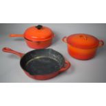 Two Belgian Enamel and One Le Creuset Cooking Pans, Le Creuset with Broken Handle