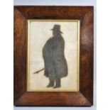 A 19th Century Rosewood Framed Silhouette Depicting Portly Gentleman with Hat and Stick, 26cm high