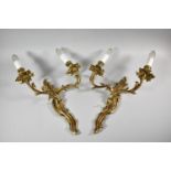 A Pair of Early 20th Century French Gilt Metal Two Branch Wall Light Fittings, 41cm high