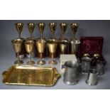 A Collection of Various Metalwares to include Six Salt Glazed Spanish Goblets, Pewter Tankards, Tray