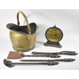 A Brass Helmet Shaped Coal Scuttle Containing Wrought Iron Fire Irons and a Salters Family Scale