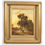 A Framed 19th Century Oil on Canvas Depicting Wooded Pond with Cottage in Distance, 29cm high
