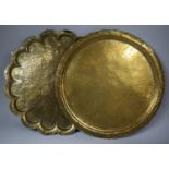 Two Large Engraved Brass Benares Tray Tops, One with Scalloped Edge the Other with Pierced Border,