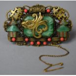 A Gilt Metal and Enamelled Chinese Brooch, Green Cut Glass with Phoenix Head, Pagodas and Chinese
