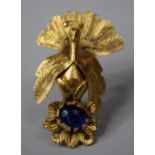 A Yellow Metal Persian Brooch Depicting Peacock with Blue Glass Cabochon, 11.7g
