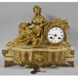A French Ormolu and Alabaster Figural Mantle Clock on an Agricultural Theme with Seated Maiden