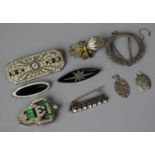 A Collection of Silver and White Metal Items to Include Two Silver and Black Enamel Brooches,