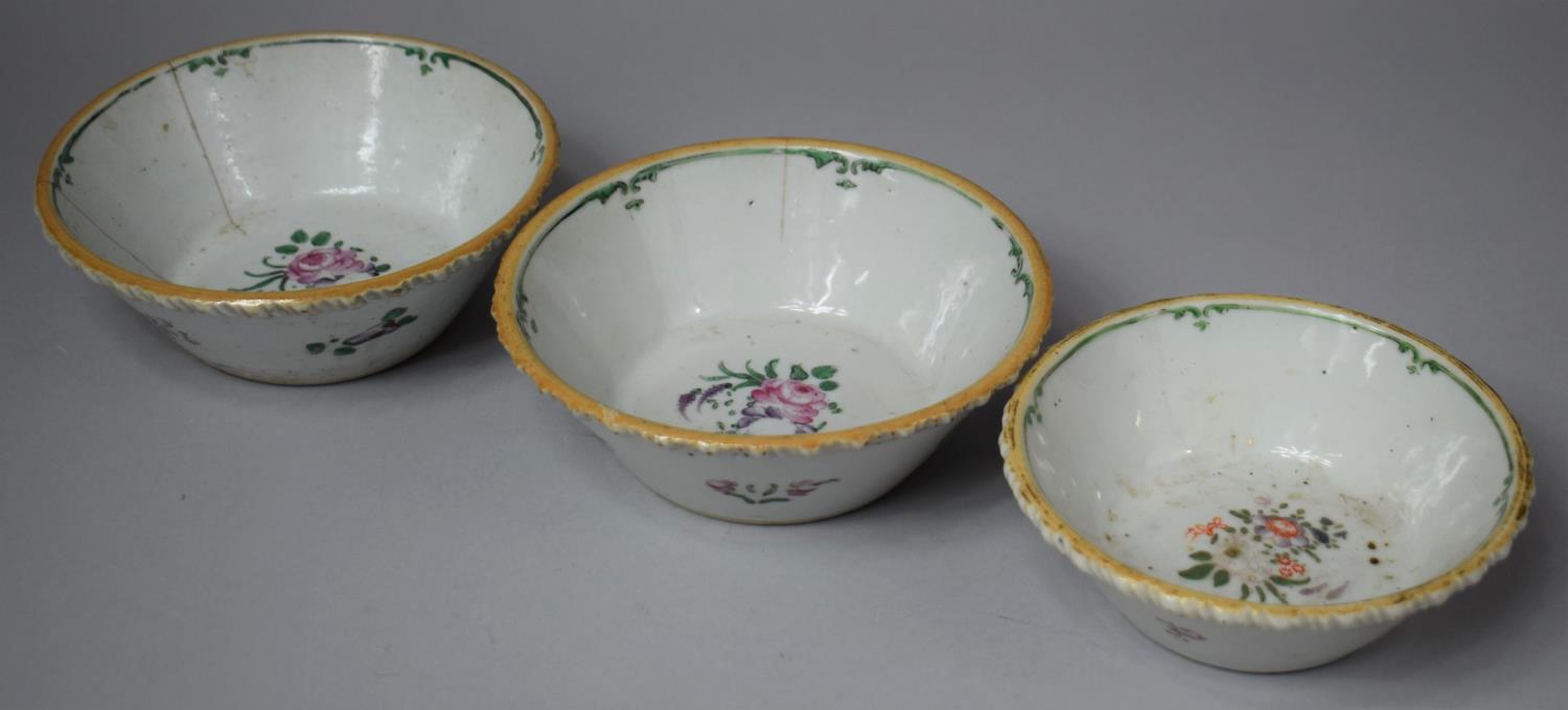 A Collection of Three French Faience Bowls with Floral Decoration, Largest 15cm Diameter (AF)