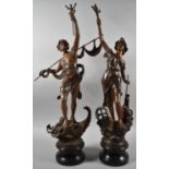 A Pair of Large French Patinated Spelter Figures, Fishing and Industry, 70cm high