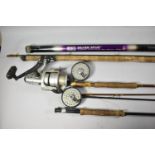 A Collection of Angling Equipment to Include Two Fly Fishing Reels, Milbro Trufly and Fibretube