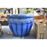 A Large Blue Glazed Patio Planter, 49cm Diameter