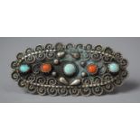 A Low Grade Silver, Coral and Turquoise Brooch, Possibly Native American, 6cm Long