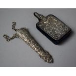 A White Metal Chatelaine Case for Scissors, 7cm long Together with a Matching Rectangular Pin