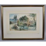 A Framed Watercolour Depicting Children Fishing From Bridge, Monogrammed Lower Left and Printed