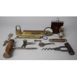 A Collection of Sundries to Include Corkscrews, Spring Balance, Hip Flask, Pocket Knife, Padlock,