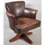 A Mid 20th Century Leather Upholstered Swivel Office Tub Armchair, Missing Casters