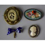 A Collection of Various Brooches, Shell Cameo, Italian Micromosaic, Carved Horn and Gilt Metal