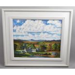 A Large White Framed Oil on Card Depicting Village Landscape, Signed Bottom Left, 59cm Wide