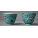 A Pair of Chinese Nonya Ware Tea Bowls On Teal Ground, Stamped CHINA to base, 5.5cm High, Early 20th