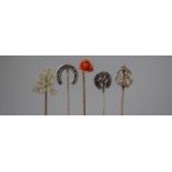 Four Silver Pins and One Coral Mounted Pin