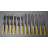 A Collection of Bone Handled Silver Plated Fish Knives and Forks with Silver Banding