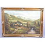 A Large Gilt Framed Oil on Canvas Depicting Mountain Farmhouse with Sheep and Stream, 90cm wide
