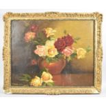 A Gilt Framed and Oil on Canvas, Vase of Roses, Signed Bottom Left, 49.5cm Wide