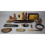 A Collection of Curios to include Inlaid Rosewood Boatshaped Pen Rest, Cigarette Cards, Folding Fan,