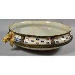 A Spanish Circular Glazed Ceramic Olive or Fruit Bowl Having Two Dragon Mask Handles and Cobalt